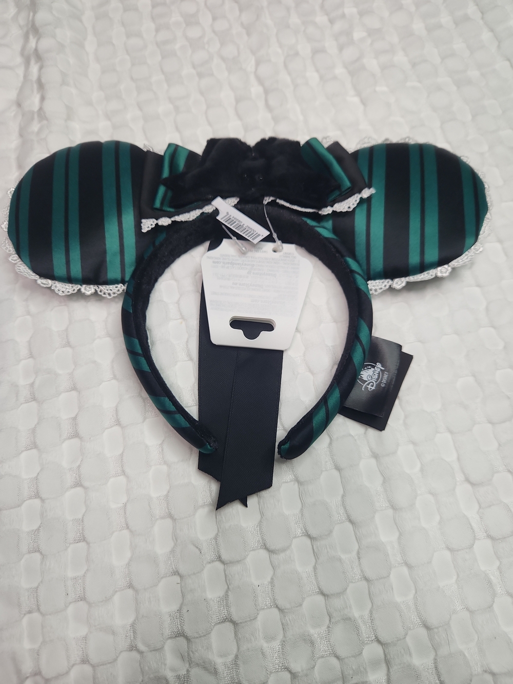 Disney Striped Green and Black Minnie Ear Headband with Velvet Bow